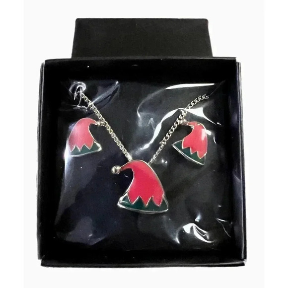 ELF Hat Necklace and Earrings Set Pierced Earrings Christmas Jewelry Set NEW - Picture 1 of 5